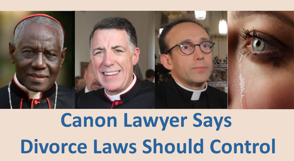 A woman divorce defendant in New Jersey is shocked to learn that some canon law school must be teaching Catholic priests that the unilateral no-fault divorce routine is morally acceptable.
