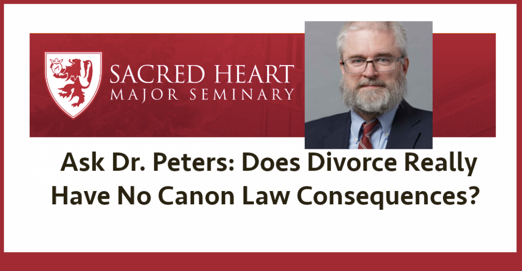 An article by canon lawyer Dr. Edward Peter was read on May 9th by Relevant Radio host Patrick Madrid.  While discussing prenuptial agreements, Peters says divorce carries no canonical consequences in terms of participating in the Sacraments.  However, he says married persons who divorce and attempt a second marriage (i.e., civil marriage or another religious affiliation) do have canonical consequences in terms of participating in the Sacraments.  Peters teaches canon law for the Archdiocese of Detroit, and I think he is cherry picking his canon law ... 