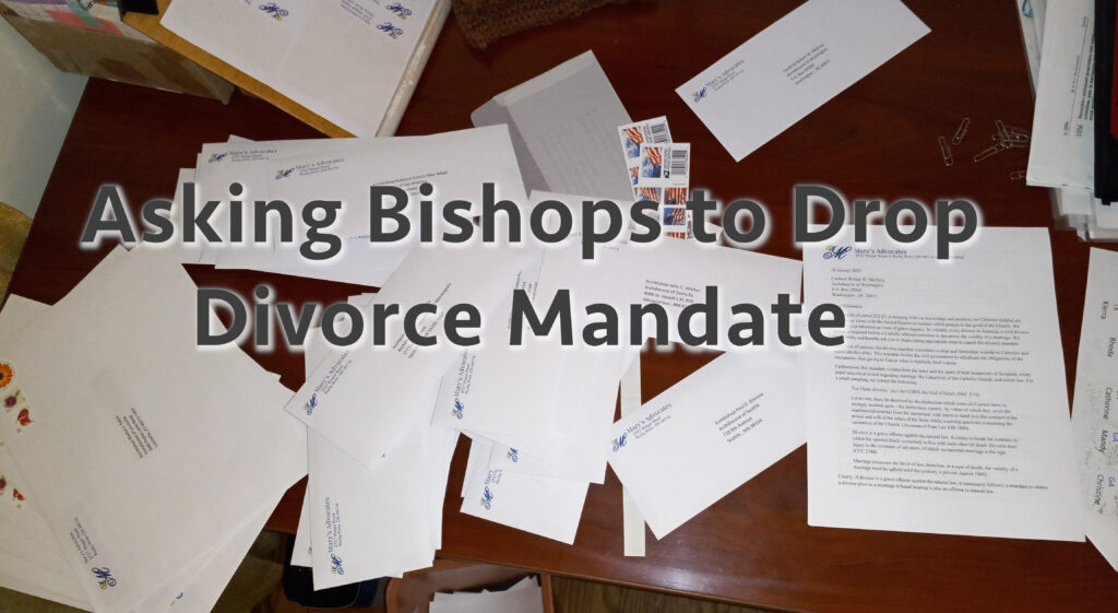 Catholics are asking the U.S. bishops to drop the divorce mandate where dioceses require parties to be civilly divorced prior to the Church accepting a plea to investigate the validity of a marriage.  In the United States, there are two kinds of institutionally recognized marriage: State marriage and Church marriage. The Catholic Catechism says divorce is immoral and a grave offense against nature and in only tolerable in very limited circumstances.  However, dioceses instruct everyone who wonders if his/her Church marriage in invalid to first get a divorce of their State marriage.